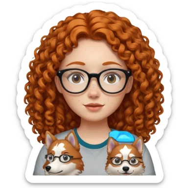 make a ginger girl with freckles and glasess. make her hair curly and she has a husky on her shirt sticker