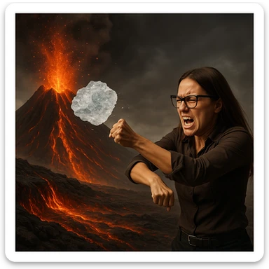 Create a hyperrealistic image similar to the reference photo of a woman throwing ice onto a volcano full of lava. The ice has no effect on the lava. The woman shows an expression of effort or frustration. The scene is symbolic with detailed and carefully crafted elements. sticker