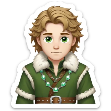 Medieval winter outfit worn by a DnD themed fantasy male character. Heavy olive green wool tunic with lynx fur collar, secured with ornate silver fastenings and a thick embossed leather belt. Clothes only above the waist, full waist coverage. The character has no arms. Character is white-skinned with golden brown hair, forest green eyes, and shoulder-length wavy hair with ice-crystal highlights. sticker