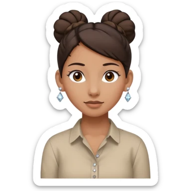 generate a pretty bratz girl with dark brown eyes. Dark brown hair tied in a single bun, tight beige button up shirt with top shirt open. diamond studs in ears. airpods in ear sticker