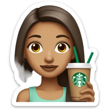 Latina cute girl with long straight brown and long eyelashes hair holding starbucks drink sticker