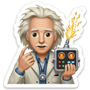 Doc Brown from Back to the Future, holding a flux capacitor, excited face, wild hair sticker