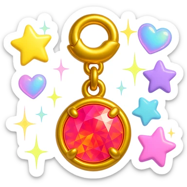 add more Y2K accents: pastel stars, iridescent hearts, and neon sparkles around the elegant round cut pink sapphire holographic charm with gold setting and gold jump ring, extreme close-up, 3D emoji style sticker