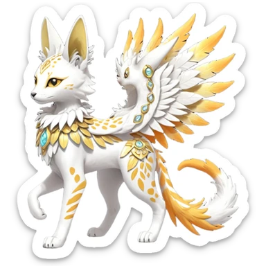 Epic complex fantasy glorious detailed futuristic divine godly angelic feathery sunny, white, albino, pastel, golden, orange glowing sparkly, realistic Fakémon-Sprigatito-Floragato-Meowscarada-Trico-Sergal-Serval-Solgaleo-Vernid-creature (full body) solarpunk, shiny sparkly with a gold laurel sticker