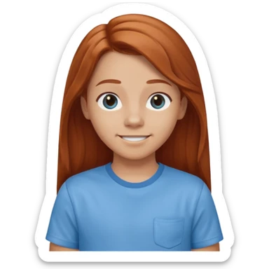 smiling shrugging emoji tween long auburn hair light blue shirt with a darker blue L sticker