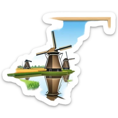 Cinematic Realistic Kinderdijk Windmills Landmark Emoji, showcasing traditional Dutch windmills aligned along a tranquil canal, with lush green fields, soft ripples in the water. sticker