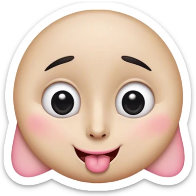 Base Shape: Start with a wide, round shape and flatten the bottom slightly to form the character's head or body.
Eyes: Add two big oval eyes with tiny black pupils, positioned symmetrically on the upper half of the base shape.
Eyebrows: Draw thin, raised eyebrows above the eyes to give a playful or excited expression.
Nose: Place a small triangular nose in the center, directly between the eyes.
Mouth: Give him a big smile with a tongue sticking out to one side (e.g., the right side for consistency).
Cheeks: Add pink blush on both cheeks, using small circular or oval shapes below the eyes.
Optional Shadow: Include a faint shadow under him for extra depth, such as a subtle oval beneath the base shape. sticker