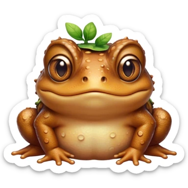 Cinematic Cute Toad Portrait Emoji, Head tilted playfully and inquisitively, featuring a charmingly plump form with bumpy, textured skin in rich earthy hues and round, sparkling eyes full of gentle mischief, Simplified yet irresistibly adorable features, highly detailed, glowing with a warm, friendly woodland glow, high shine, affectionate and lively, stylized with a touch of whimsical nature charm, soft glowing outline, capturing the essence of a mischievous yet loving toad that seems as if it could hop out of the screen into your arms! sticker