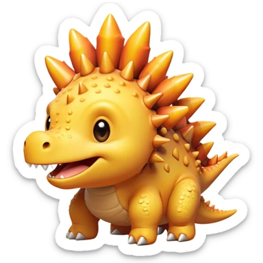 Cinematic Cute Stegosaurus Portrait Emoji, Head tilted playfully with a cheeky grin, featuring a charming, low-profile body with iconic, rounded bony plates and a spiky tail, a small head with sparkling, curious eyes, Simplified yet irresistibly adorable features, highly detailed, glowing with a warm, inviting earthy glow, high shine, affectionate and spirited, stylized with a touch of whimsical prehistoric charm, soft glowing outline, capturing the essence of a mischievous yet endearing Stegosaurus that seems as if it could waddle out of the screen into your arms! sticker