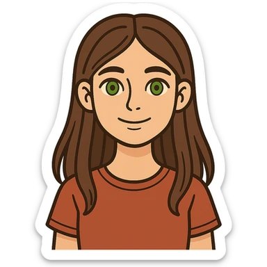 flat toon style portrait of a 17-year-old girl with green eyes, light skin, and long brown hair sticker
