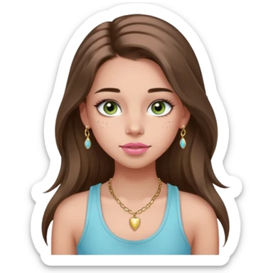 Create a teen girl wearing a light blue tank top. She will have long brunette hair, tan skin, pink lips, and grey-green eyes. She has long eyelashes. She also has light freckles and is wearing tiny gold jewelry sticker