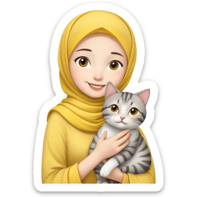 Asian White girl wearing yellow hijab and white dress holding a black grey tabby cat while smiling.  sticker