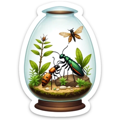 Close-up of home insects inside a terrarium, showcasing beetles, praying mantises, and other exotic species in vivid detail, with natural textures of the terrarium. Soft lighting highlights their features. Transparent background. sticker