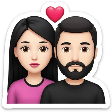 👩🏻‍❤️‍💋‍👨🏻 this one but the man should be bald. white woman with long black hair and white bald young man whoitiut hair and a heart between their heads. she has pink lips and both have brown eyes. he has e full beard but short. both wear black  sticker