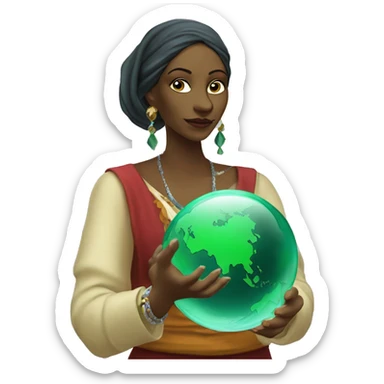 Female gypsy Fortune teller holding a crystal ball with a smaller green earth inside it sticker