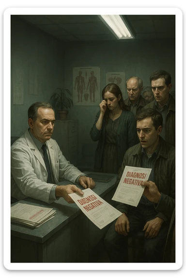 A realistic, cinematic illustration set in a dull, grey-toned medical office. A middle-aged male doctor in a white coat with a stern, cold expression is seated at his desk, handing out medical reports with large red ‘Negative Diagnosis’ stamps to each patient in line. The patients, of various ages and appearances, stand in a line, each looking increasingly sad, defeated, and demoralized as they receive their papers, with slumped shoulders and empty gazes. One young woman wipes away a tear, while a man stares at the paper in shock. The background shows medical posters, a faded plant, and harsh fluorescent lighting, emphasizing the cold, mechanical environment. The mood is heavy, illustrating how negative diagnoses delivered without empatia can deeply affect the mental health and morale of patients. The style is realistic, with subtle filmic grain, emphasizing emotional impact and the weight of medical words on people’s lives. in italiano sticker