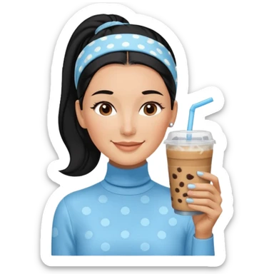  tan skin woman with long face, and very short black hair slicked back ponytail with forehead showing, with black polka dot headband, wearing solid light blue turtleneck shirt, drinking iced coffee, smiling with middle parted hair sticker