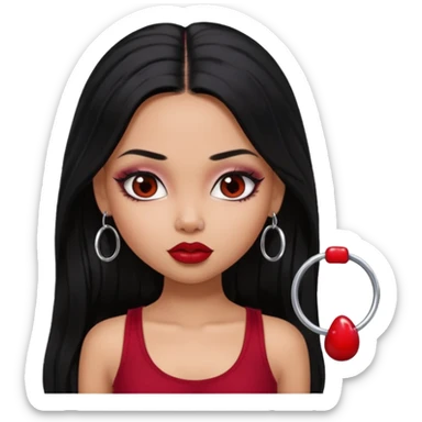 a pretty bratz girl with long black hair, kajal under eyes, small silver hoop. Dark cherry red tank top on.  sticker