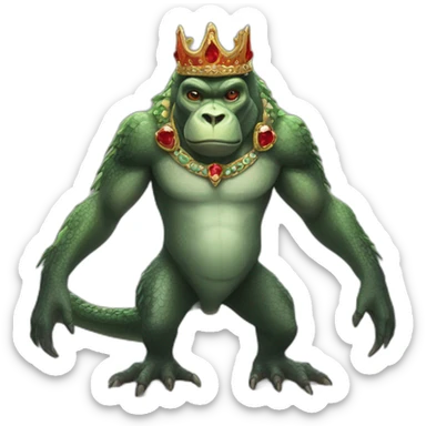 A creature that has a handsome human head with a jeweled crown and a gorilla's body, kangaroo arms, frog legs, a crocodile tail, and red dragon wings. sticker