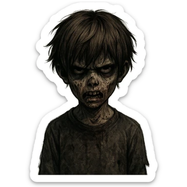 spooky zombie boy, brown emo hair, medium shaggy, scary and dark expression sticker