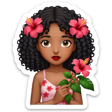 Girl with brown skin with black curly hair holding hibiscus flowers sticker