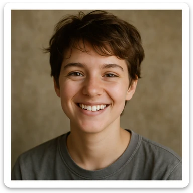 realistic portrait of a young person with short tousled brown hair, light skin, smiling, inspired by the reference image sticker