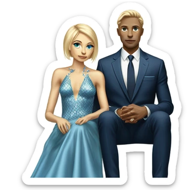 alien reptilian woman blonde in long slim pastel blue formal party satin dress with gradient shiny sparkling navy blue diamonds embroidered , and caucasian man in black dress, sitting on a beige couch  sticker