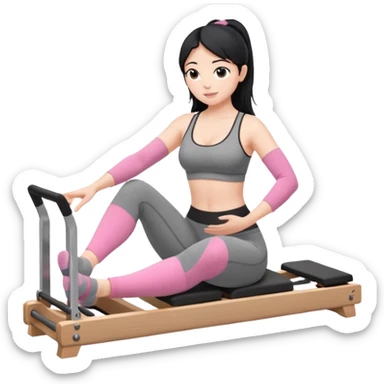 Create a Pilates emoji: a girl with fair skin and black hair, wearing a grey bra and grey leggings with pink pilates socks, doing sitted stomach massage on a wooden reformer. Make it look at the reformer. Make the colors neutrals. sticker