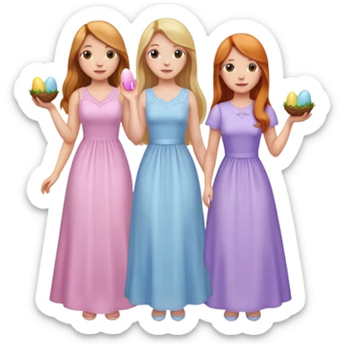 three lady friends celebrating Easter, blonde long hair and alight pink dress, brunette long hair light purple dress and ginger hair light blue dress sticker
