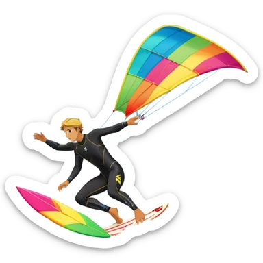 A kite surfer gliding across the ocean, with a colorful kite soaring high in the sky and the surfer carving through the waves. The scene captures the energy and freedom of the sport, with the sun shining and the ocean's waves splashing around. sticker