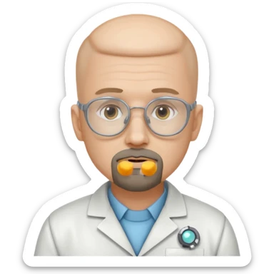 Make a person in a scientist's suit, hairless, with glasses and a goatee. sticker