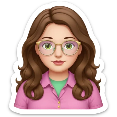 Girl girl long wavy brown hair with middle part, pale green eyes, plus size, pink shirt, gold rimmed glasses sticker