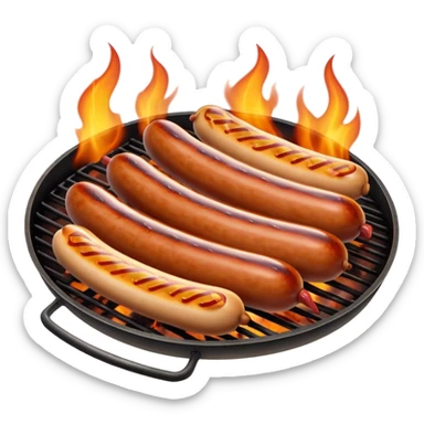 Cinematic Realistic Sausage Sizzle Dish Emoji, featuring sizzling sausages cooking over an open flame rendered with dynamic textures and warm, smoky lighting. sticker