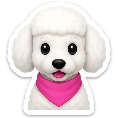 Edit the image of a poodle to be completely white with a pink scarf around its neck only, no other accessories, ears completely white, in emoji style, with no background. sticker