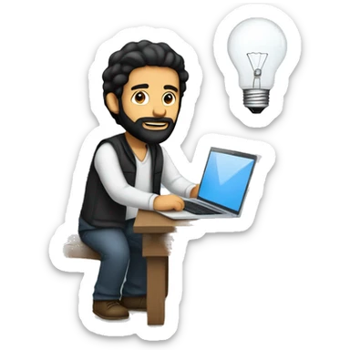 A Musliman man with black hair, and beard working on a laptop with a lightbulb above his head sticker