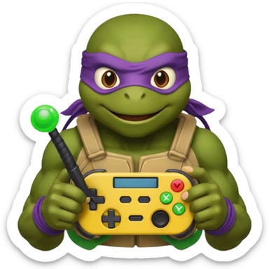 Donatello from Teenage Mutant Ninja Turtles, emoji style, holding a joystick, with a green hacking interface on the screen sticker