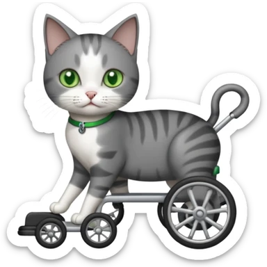full body small short hair dark grey and white cat with green eyes walking in a wheelchair for cats sticker
