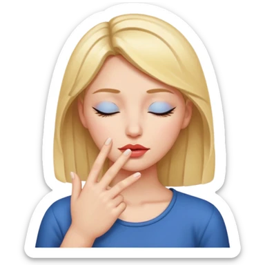 girl with her eyes closed and one hand out side ways her fingers pointed forwards with her lips pressed together  sticker