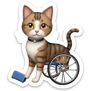 full body small short hair dark brown and white cat with hazel eyes walking in a wheelchair for cats sticker