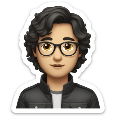 A beautiful  young man with black and medium hair and white skin, wearing round glasses and jacket sticker