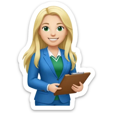 Full Body white plus size female basketball head coach with long blonde hair in a blue and green suit smiling holding clipboard sticker