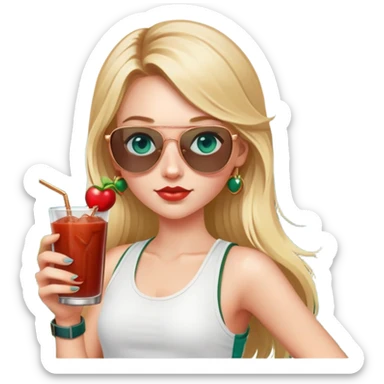 girl with long blond pigtailed hair
with blue eyes
and aviator sunglasses
wearing white tank top 
holding bloody mary
wearing (rose gold apple watch with forest green band) sticker