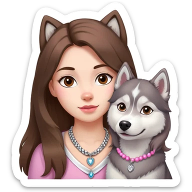 Girl with Brown long hair with husky white and grey and pink neclace sticker