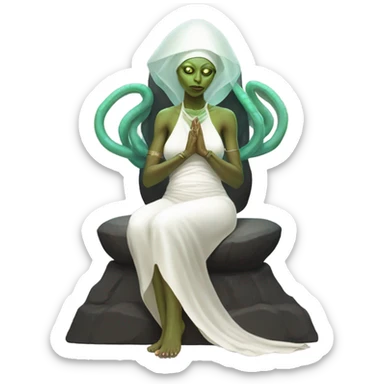 a Reptilian alien woman, pregnant, in meditation, white dress like a priestess sticker