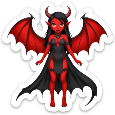 Full red-skin demon girl (entire body red), long black hair, small red horns, pointed ears, single bat wing, black open-back dress, bold tattoo-flash comic linework, red/black/gray, dark background, no text. sticker
