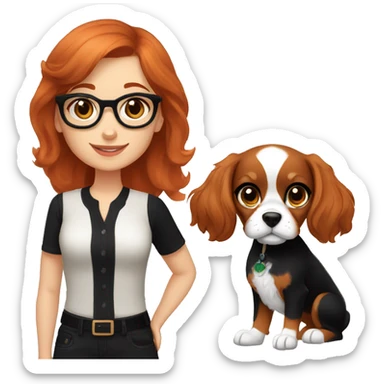 Auburn red-haired girl with bangs and short hair and black glasses and black clothes presenting a Blenheim Cavalier puppy sticker