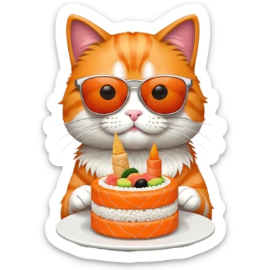 cool cat wearing sunglasses eating a birthday cake made out of sushi sticker