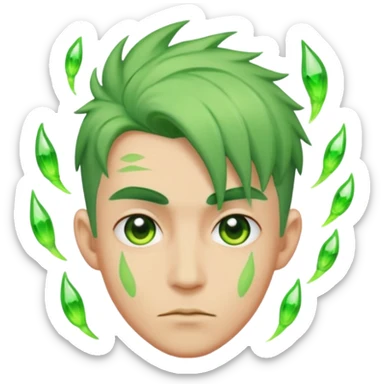 Make an emoji of a 🙎🏼‍♂️with green hair spiking up with a green aura around him sticker