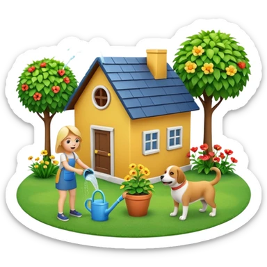 Make a 3D emoji Illustration of A house and there is a woman watering her plants while a dog is playing around on the grass sticker