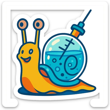 a snail with a transparent shell filled with liquid like a syringe, vibrant toon style, whimsical and colorful sticker